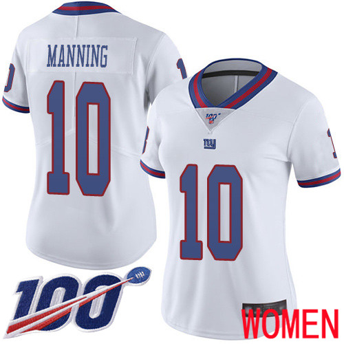 Women New York Giants #10 Eli Manning Limited White Rush Vapor Untouchable 100th Season Football NFL Jersey->women nfl jersey->Women Jersey